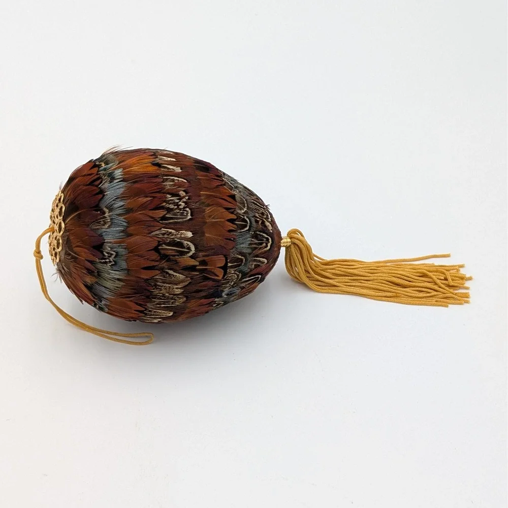 Pheasant Feather Egg Ornament with Gold Filigree and Tassel 7.5 Inch